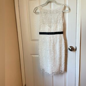 Aiden Mattox Size 4 White Lace Floral Applique A Line Dress with Black Belt